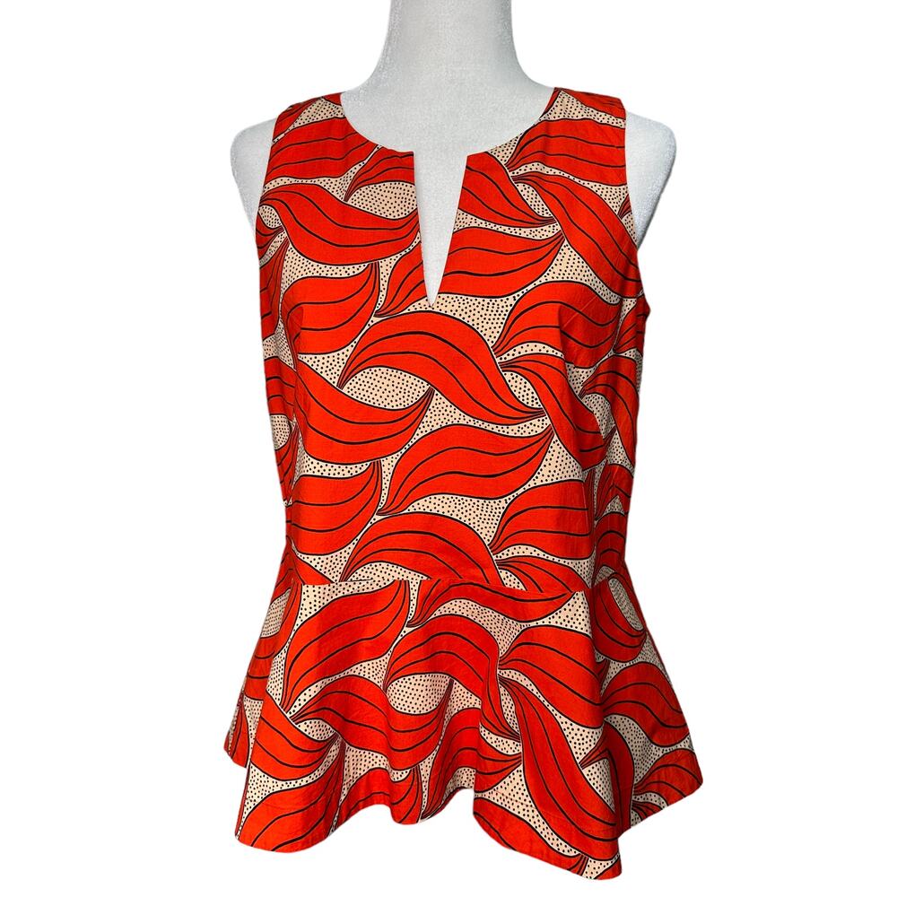 Ann Taylor Red and Cream Wave-Print Sleeveless Peplum Top